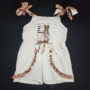 Mariee Nicole Kids Girls L Gray Bunny LOVE‎ Romper Jumpsuit Leopard Trim